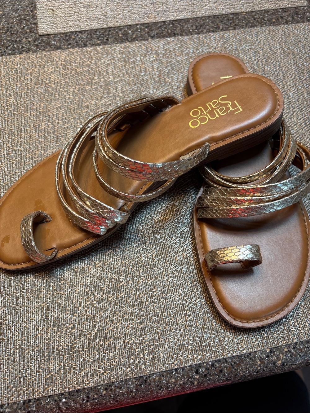 Franco Sarto Metallic Brown Snake-Print Strappy Slide Sandals